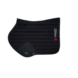 Zwart CATAGO FIR-Tech springzadeldekje met quilt-stiksel, Catago-logo en FIR-Tech label.