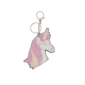 Equipage Unicorn tashanger / sleutelhanger – platte grijs/roze eenhoorn met glittermanen, zilverkleurige ring en karabijnclip