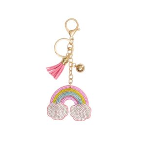 Equipage Rainbow tashanger / sleutelhanger – goudkleurige hanger met strass regenboog, wolkjes, roze tassel en belletje