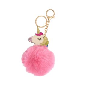 Equipage Unicorn tashanger / sleutelhanger met fur – roze unicorn met gouden clip, ring en grote fluffy pompon