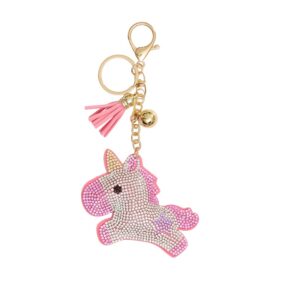 Equipage Unicorn tashanger / sleutelhanger – roze eenhoorn met strass-steentjes, goudkleurige ring, clip, tassel en belletje