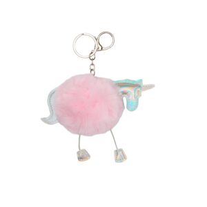 Equipage Unicorn pompon sleutelhanger Misty Rose – fluffy roze pompon met holografische unicorn en zilverkleurige ring en clip