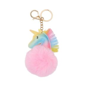Equipage Unicorn tashanger / sleutelhanger met pompon – rainbow unicorn met glitter en grote roze fluffy pompon aan goudkleurige ring en clip